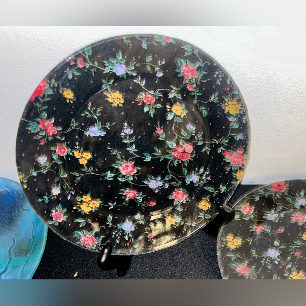 2 black, floral, 9” plates. (Salad, dessert)